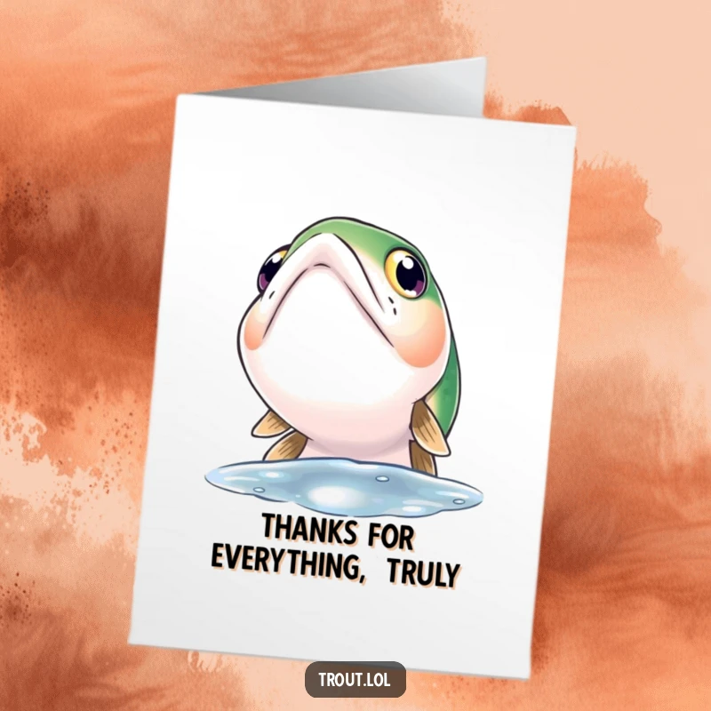 Funny Free Printable Thank You Card with a trout looking up with wide, curious eyes, a unique way to say thank you.