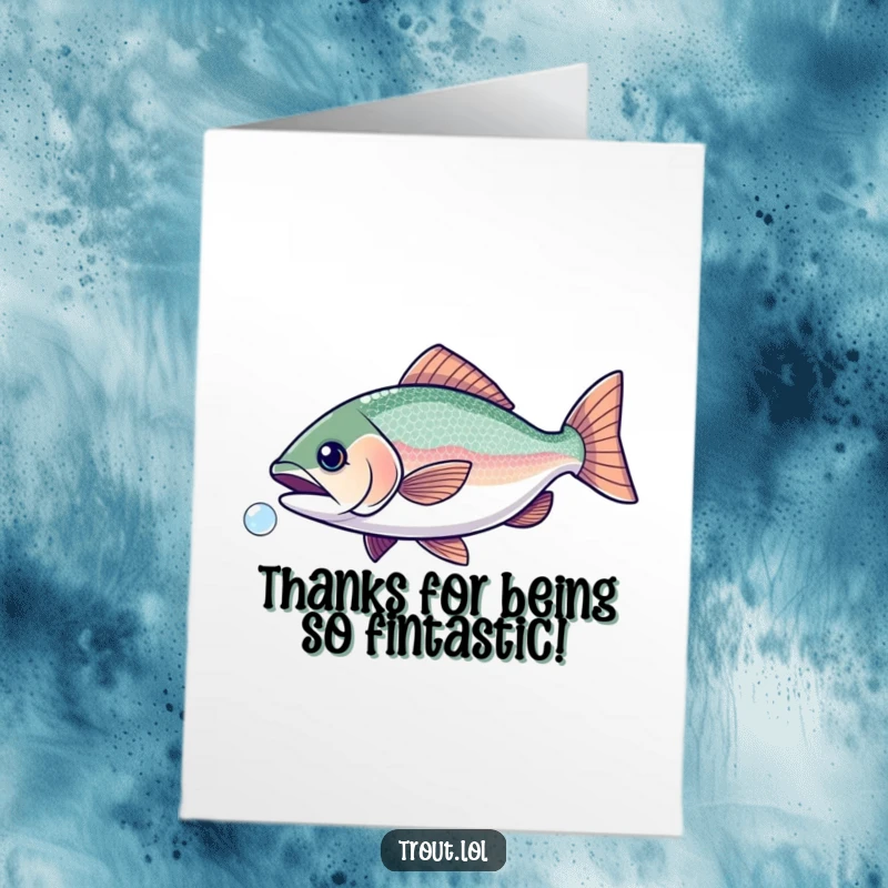 Funny Free Printable Thank You Card: A trout with shiny scales gleefully pursues a tiny bubble. Memorable appreciation.