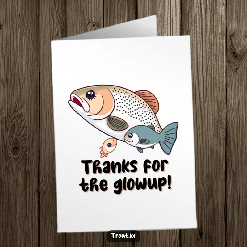 Funny free printable thank you card depicting two trout sharing a tiny, bioluminescent microorganism, expressing thanks with a shared glow.