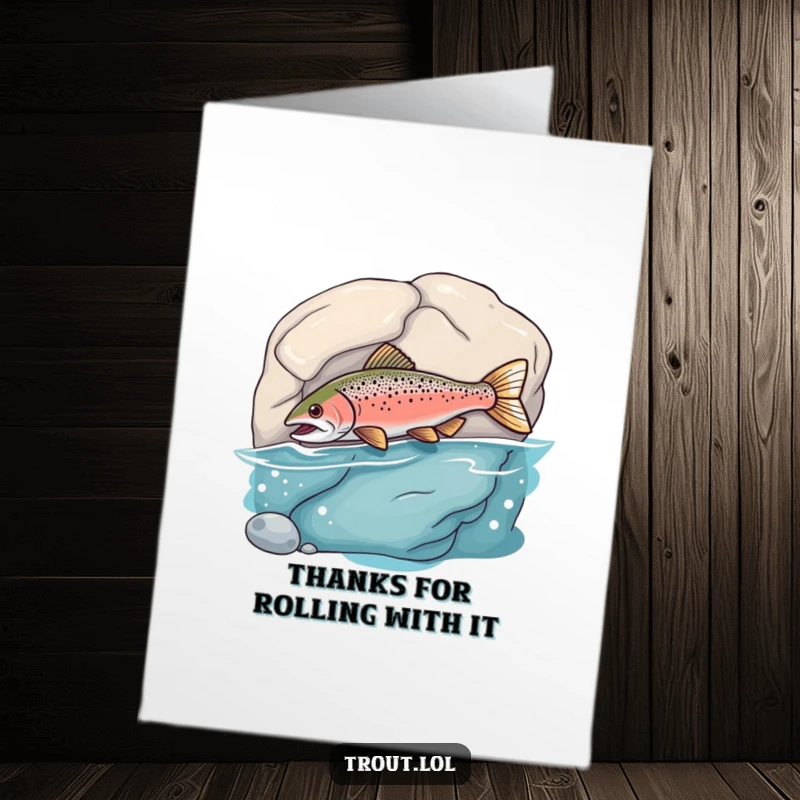 Funny Free Printable Thank You Card illustrating a trout humorously colliding with a smooth underwater rock, conveying thanks with a comical, accidental charm.