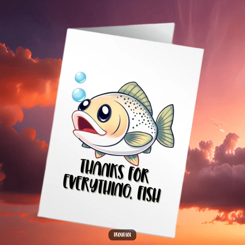 Funny Free Printable Thank You Card with a wide-eyed trout excitedly pursuing a shiny bubble as a token of thanks.