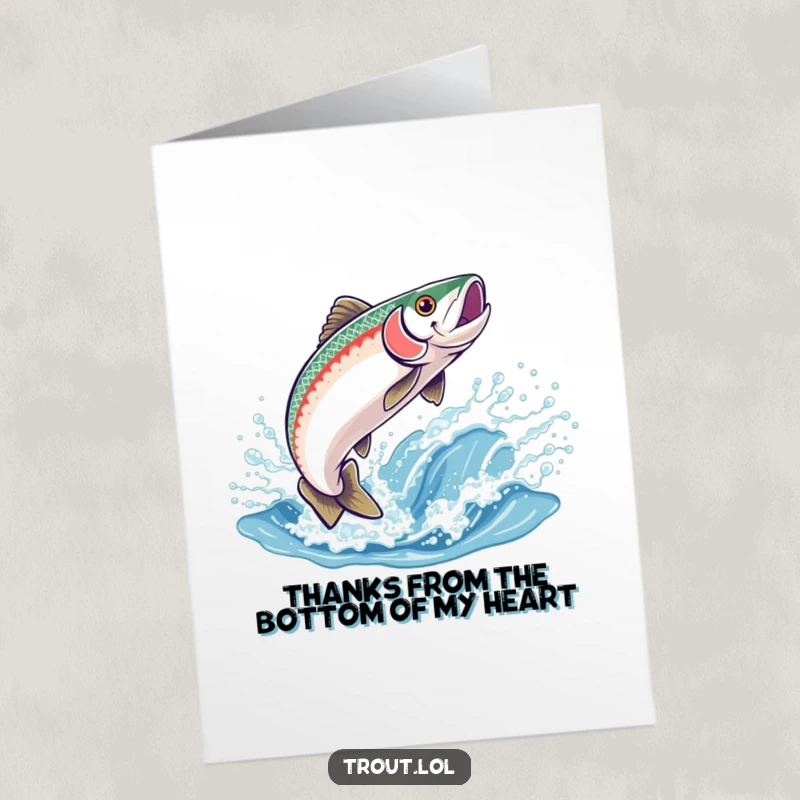 Funny Free Printable Thank You Card with a happy trout leaping from a wave, a unique way to show gratitude.