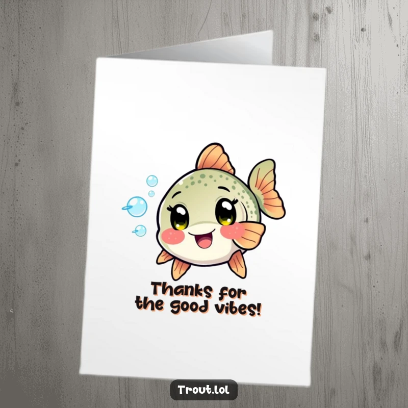 Funny Free Printable Thank You Card: A kawaii trout with excited eyes happily blowing a stream of playful bubbles, saying thanks.
