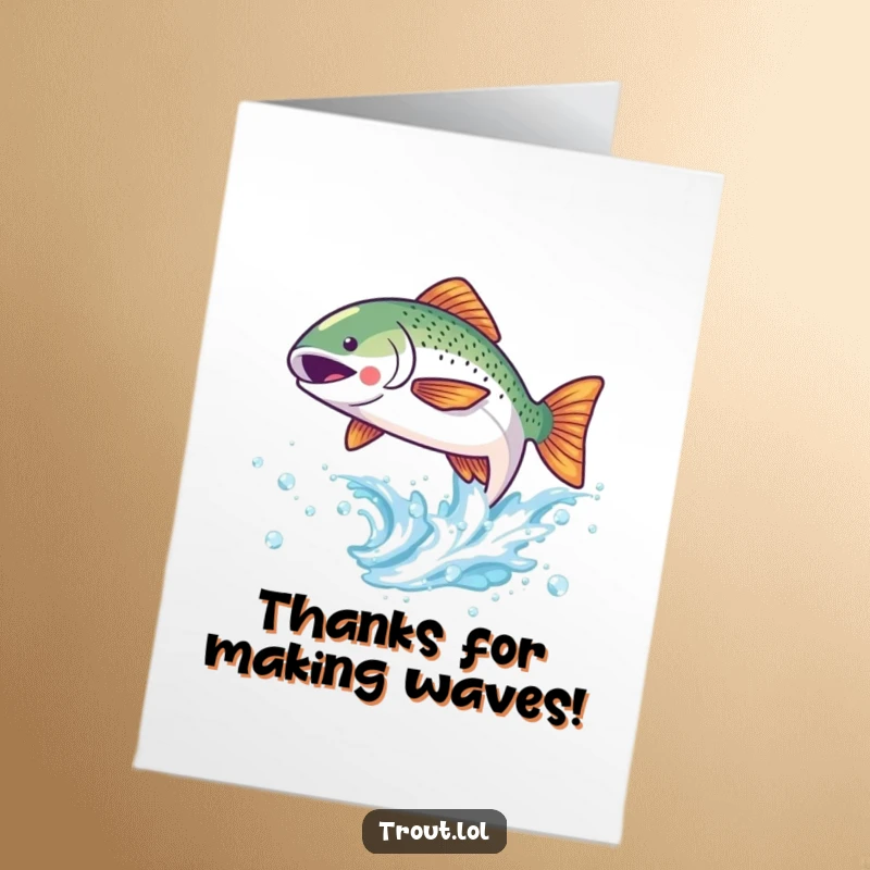Funny Free Printable Thank You Card: Kawaii trout leaping joyfully out of a sparkling wave.