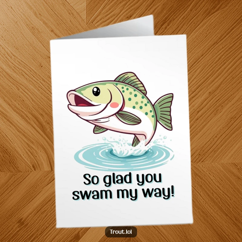 Funny Free Printable Thank You Card: A happy kawaii trout joyfully leaping out of the water, conveying thanks with a big smile.