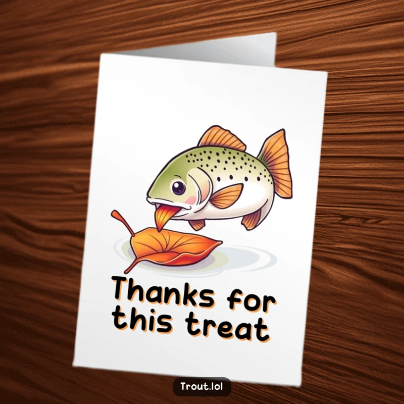 Funny Free Printable Thank You Card: A trout is shown enthusiastically nibbling on a colorful, floating leaf.