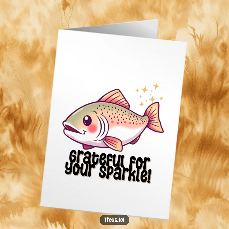 Funny Free Printable Thank You Card: A happy trout swirls with sparkles, expressing thanks in a magical way.