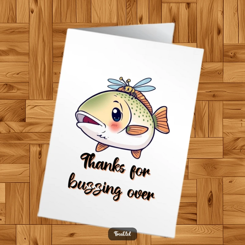 Funny Free Printable Thank You Card: a kawaii trout displays a surprised expression towards a hovering dragonfly.