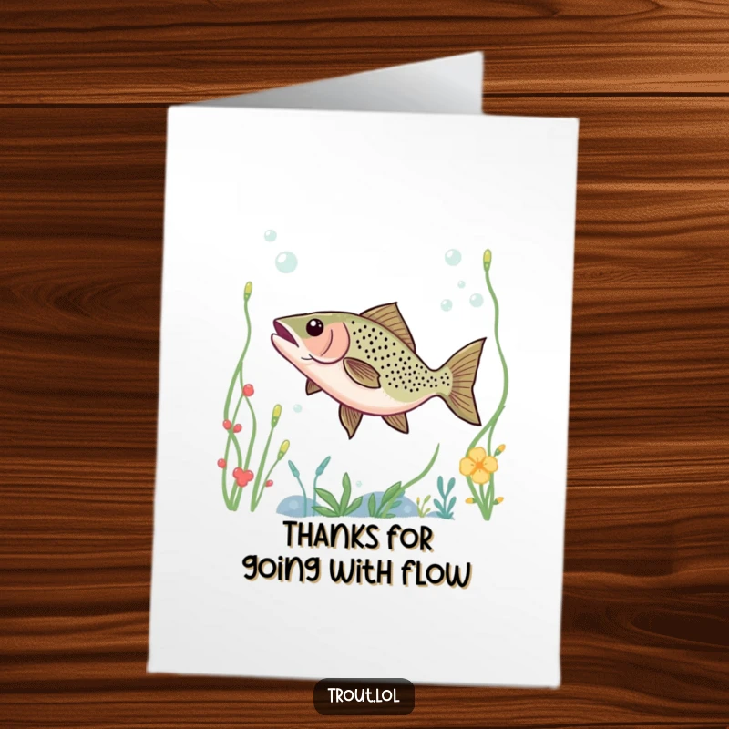 Funny Free Printable Thank You Card: A trout happily dances through underwater plants, a whimsical thank you gesture.
