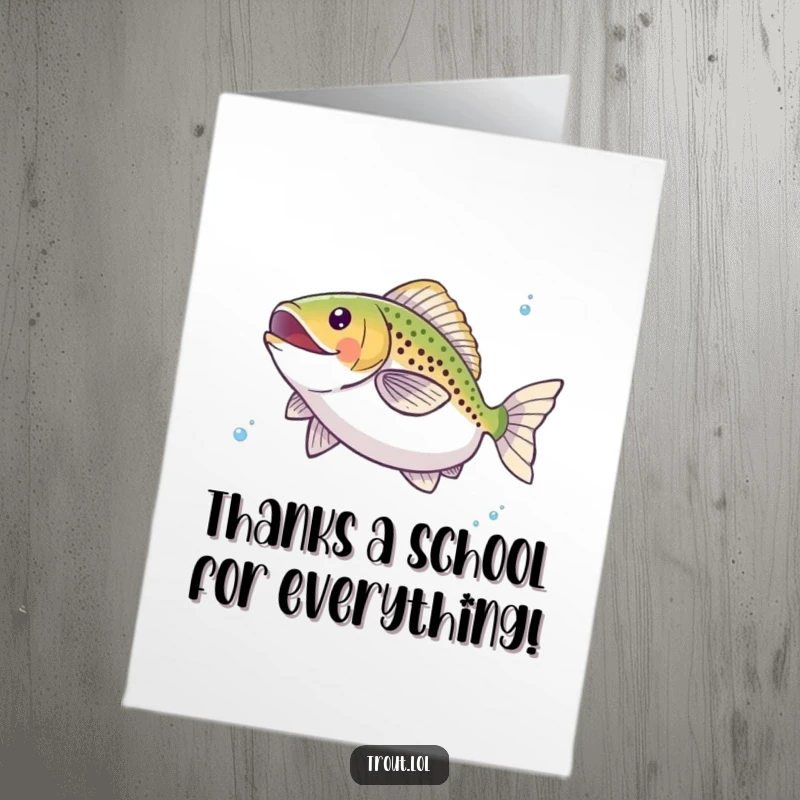 Funny free printable thank you card featuring a trout performing a happy twirl underwater, expressing gratitude with aquatic elegance.