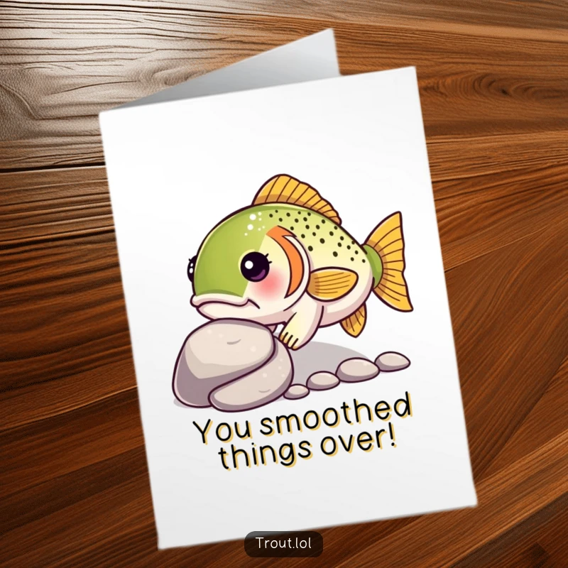Funny Free Printable Thank You Card: a determined kawaii trout nudges a smooth pebble, conveying steadfast gratitude with focus.