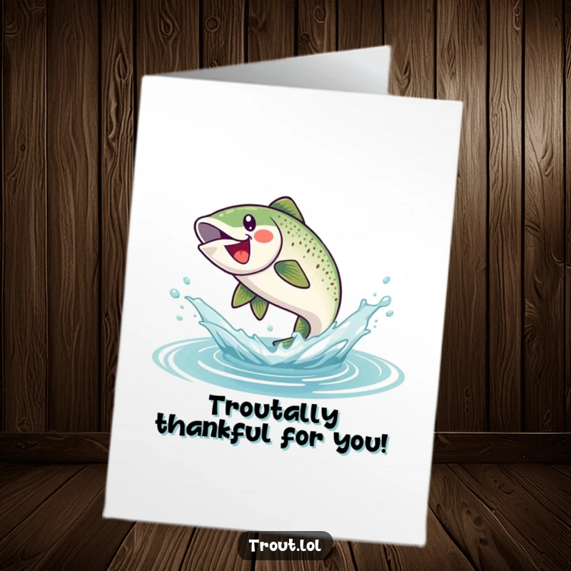 Funny Free Printable Thank You Card depicting a trout leaping triumphantly from the water, a splashy way to say thanks.