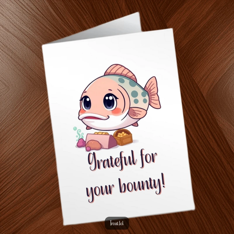 Funny Free Printable Thank You Card: a kawaii trout with curious eyes looks intently at a sunken treasure, symbolizing deep gratitude.