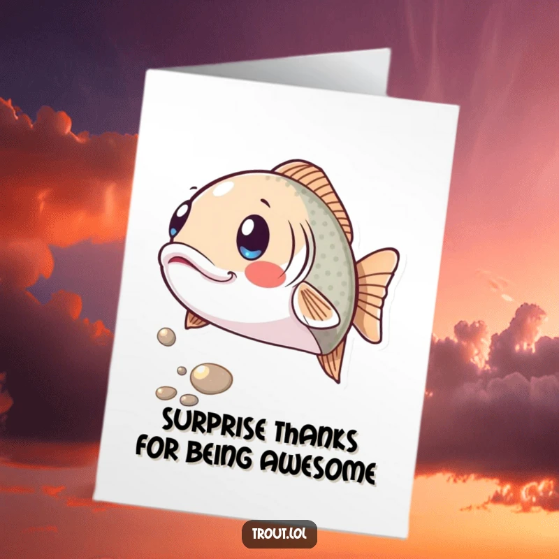 Funny Free Printable Thank You Card: A trout's face expresses surprise as a shiny pebble rolls by, a humorous way to say thanks.