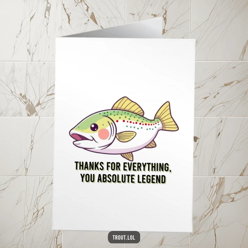 Funny Free Printable Thank You Card with a happy trout gliding gracefully, expressing thanks with a joyful fin sweep and bright underwater scene.