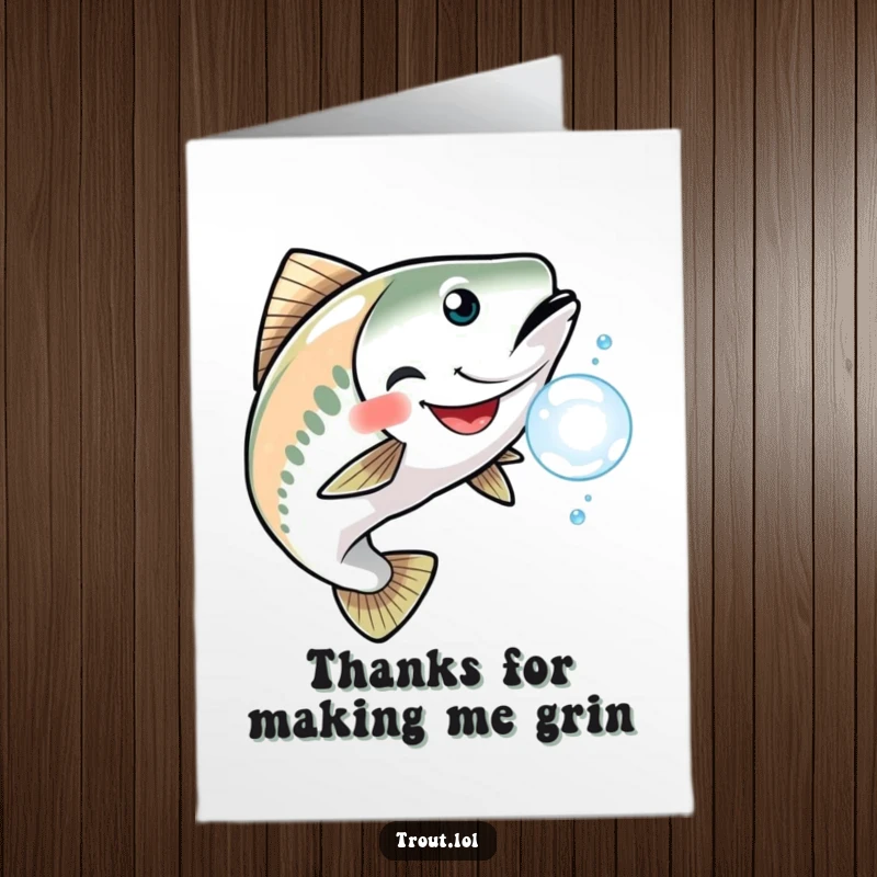 Funny Free Printable Thank You Card with a trout grinning while chasing a bubble, a playful expression of gratitude.