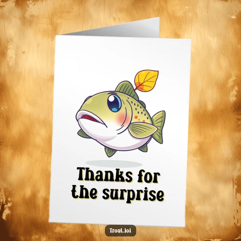 Funny Free Printable Thank You Card: A trout with comically wide eyes looks bewildered by a falling natural leaf.
