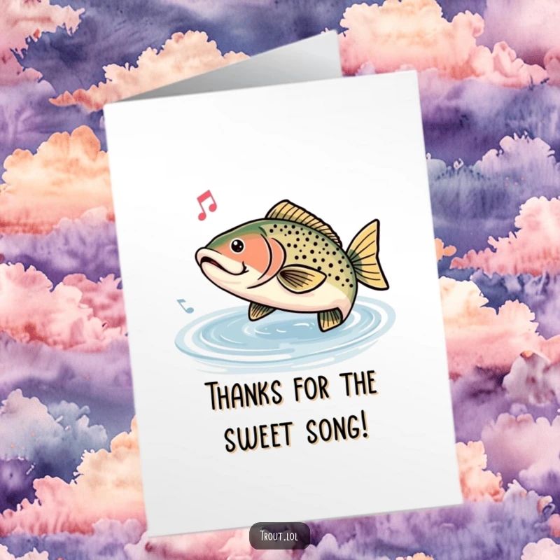 Funny Free Printable Thank You Card: A trout hums a joyful tune, with music notes visible in the water.