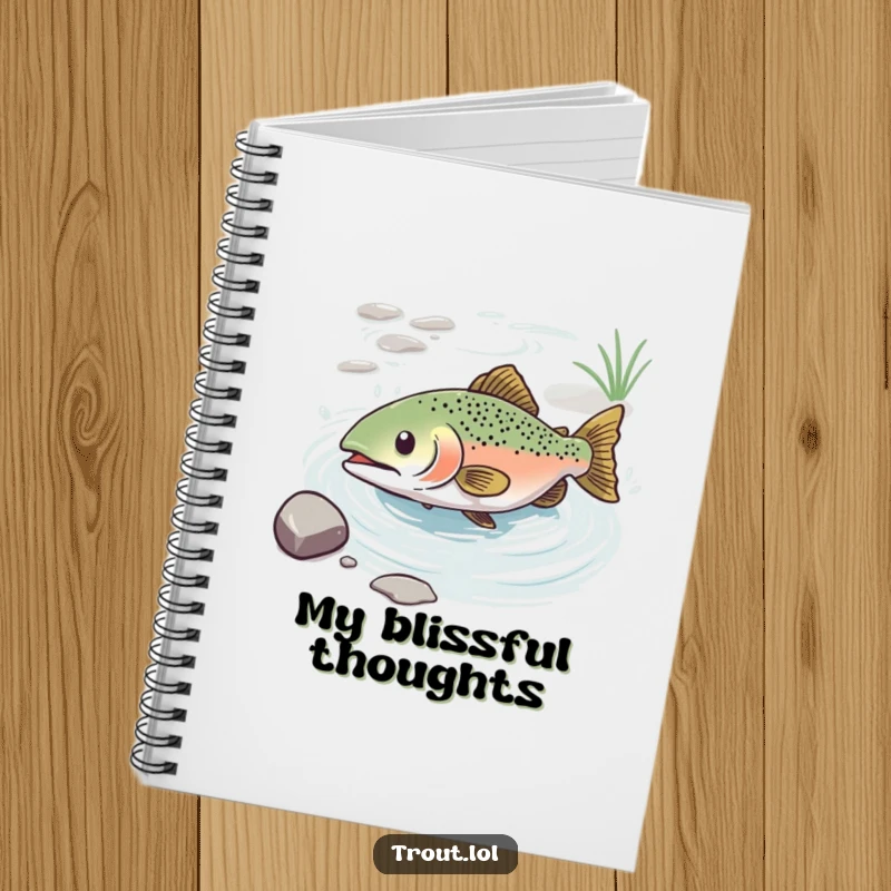 Funny notebook featuring a trout with an expression of pure bliss, sliding down a water current, perfect for writing.