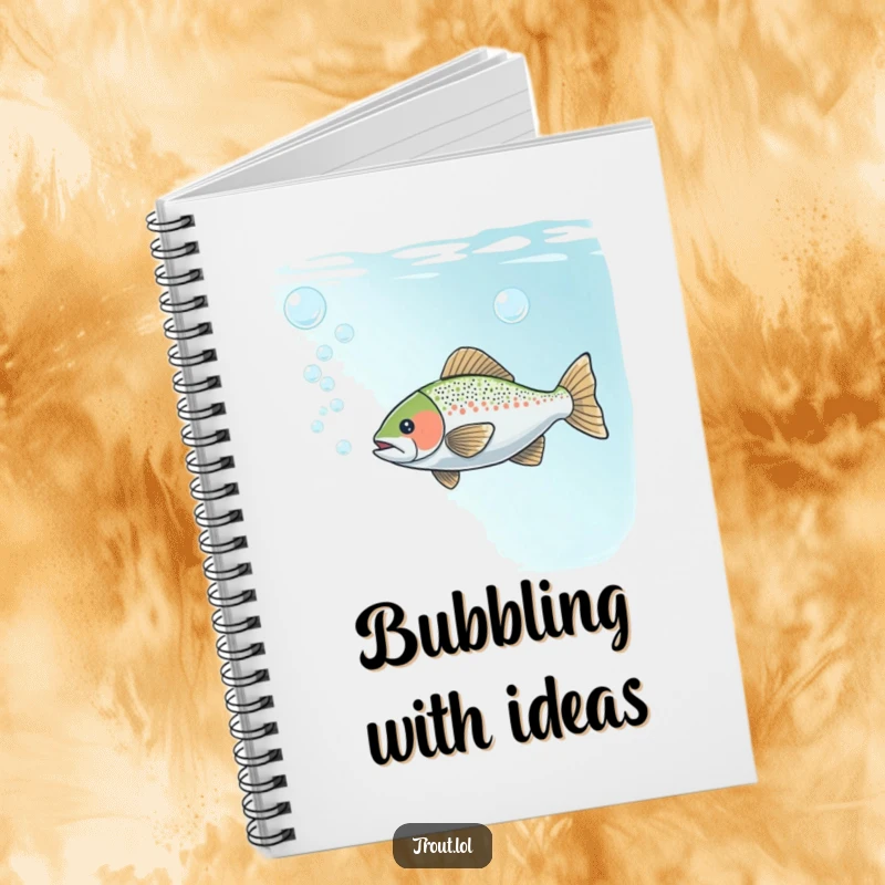 Funny notebook cover featuring a trout playfully blowing bubbles underwater, perfect for jotting down creative ideas and underwater dreams.