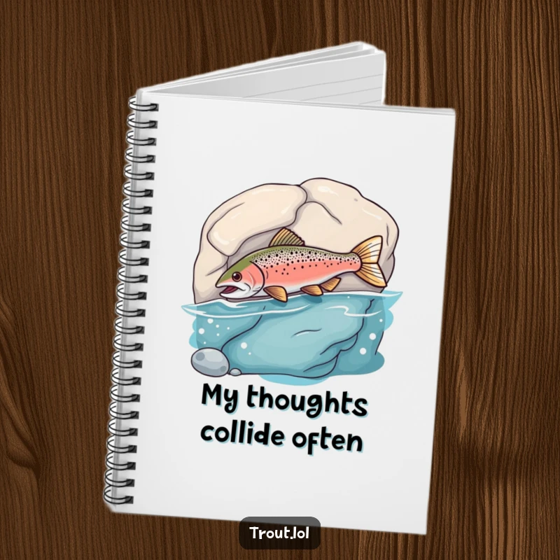 Funny Notebook illustrating a trout playfully bumping into an underwater rock, designed for jotting down notes with a humorous twist.