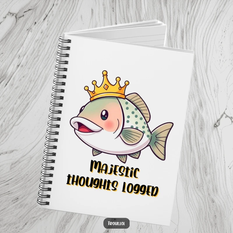 Funny notebook cover featuring a smiling trout in a crown, swimming excitedly, perfect for jotting down royal decrees and ideas.