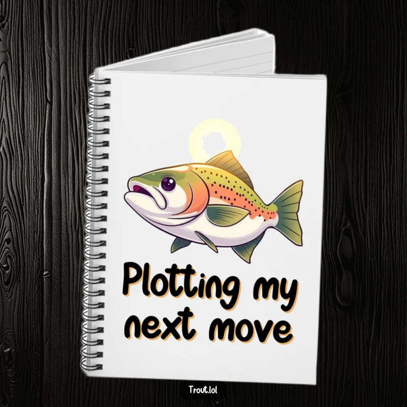 Funny Notebook featuring a determined trout swimming towards a light, designed for jotting down goals and aspirations.