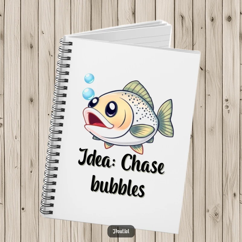 Funny notebook cover featuring a trout with wide, excited eyes, ready to chase down ideas.