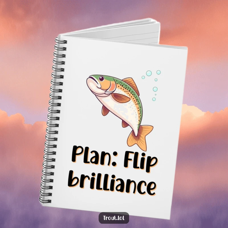 Funny notebook cover featuring a trout performing a fluid underwater flip, trailing bubbles.