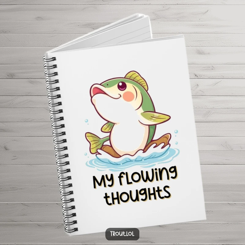 Funny trout notebook with a gleeful trout giggling while floating down a gentle river current, perfect for jotting notes and ideas.