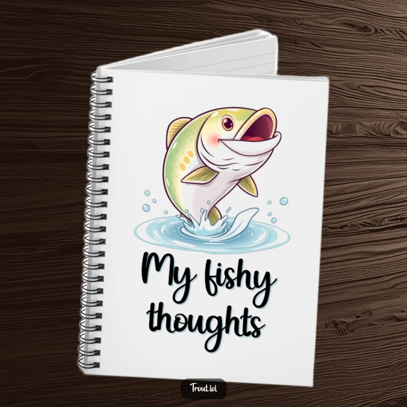 Funny notebook with a grinning trout character leaping out of the water, ideal for jotting down fishing trips and ideas.