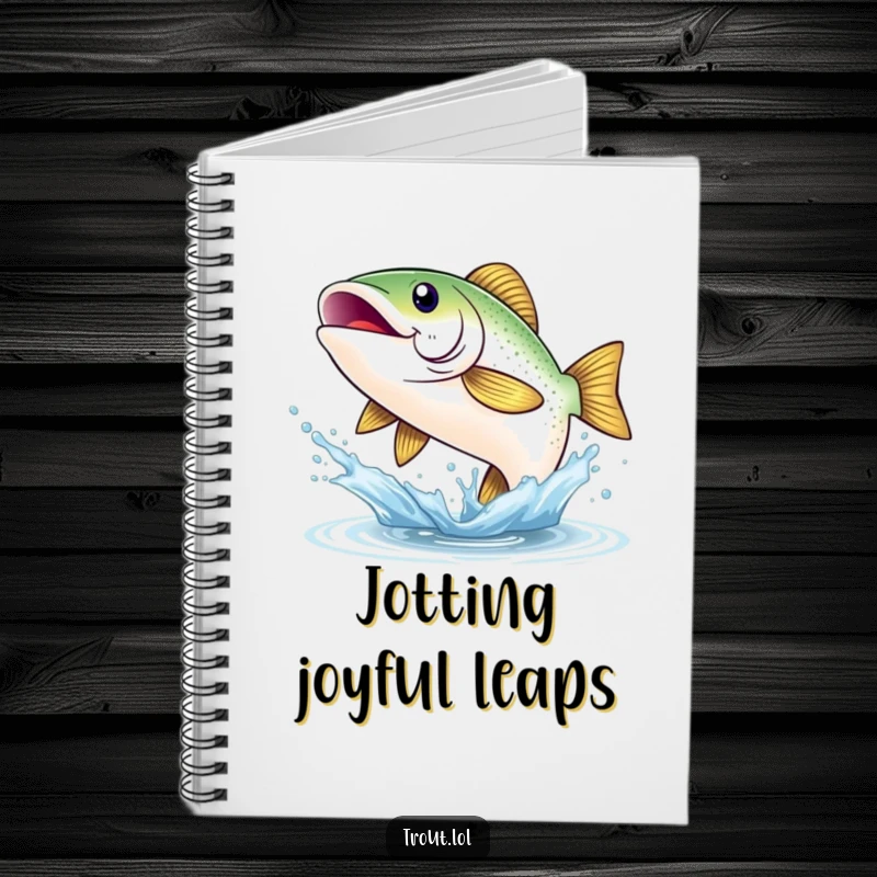 Funny notebook cover with a shimmering trout sporting a wide smile, leaping joyfully from a splash, ideal for capturing happy thoughts and fishing trips.