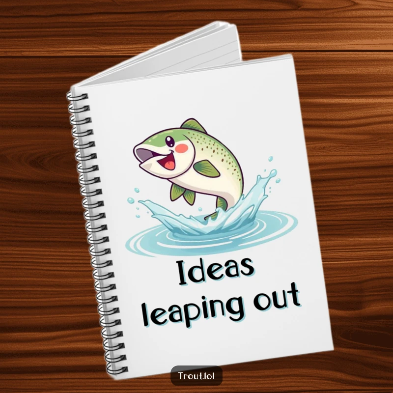 Funny notebook cover featuring a dynamic trout leaping out of a splash, perfect for capturing creative thoughts and aquatic-inspired ideas.