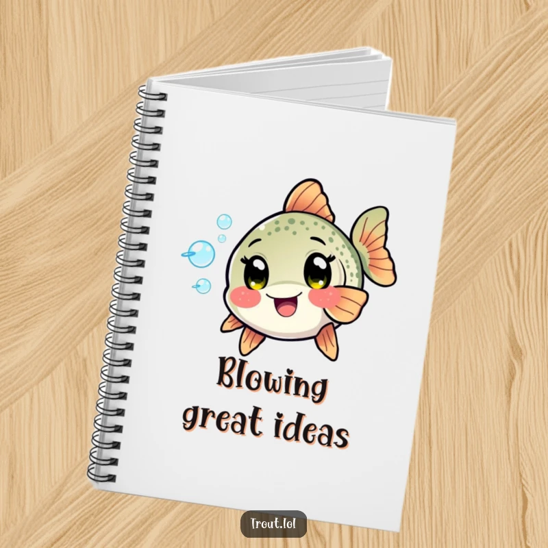 Funny Kawaii Trout Notebook: A trout with excited eyes playfully blows bubbles, perfect for jotting notes with aquatic charm and humor.