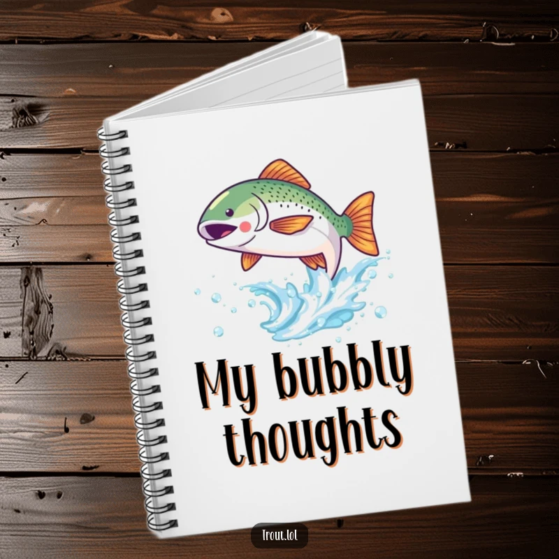 Funny notebook with a cute kawaii trout joyfully leaping from a sparkling wave, great for notes.