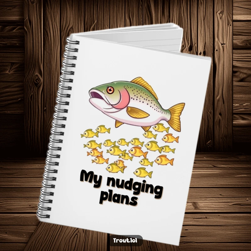 Funny notebook featuring a trout playfully nudging smaller fish, causing them to dart, perfect for capturing thoughts.