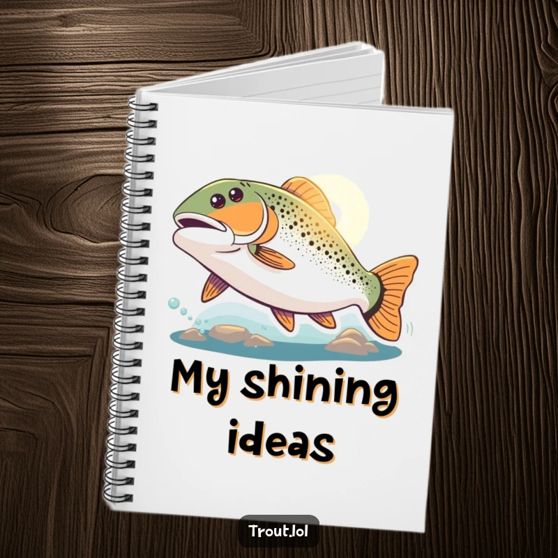 Funny optimistic trout notebook with a trout swimming enthusiastically towards a bright light, ideal for jotting down goals and ideas.