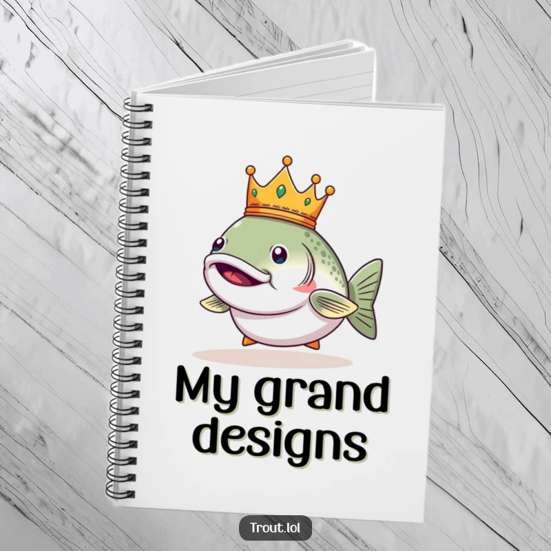 Funny notebook with a smug trout wearing a tiny crown, ideal for jotting down royal decrees.
