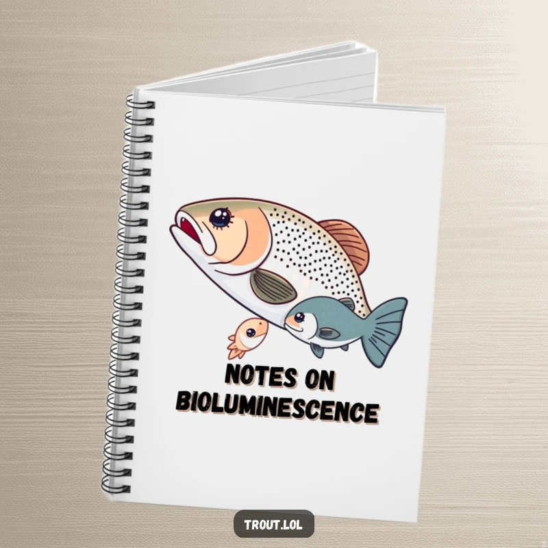 Funny notebook illustrating two trout sharing a tiny glowing microorganism, ideal for notes and journaling with a heartwarming aquatic touch.