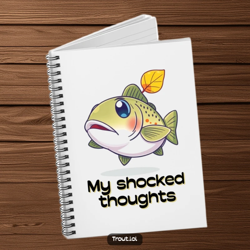 Funny notebook cover with a trout character showing wide, surprised eyes at a falling leaf.