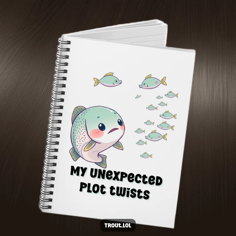 Funny notebook cover with a trout looking surprised by tiny fish, inspiring creativity and humorous reactions.