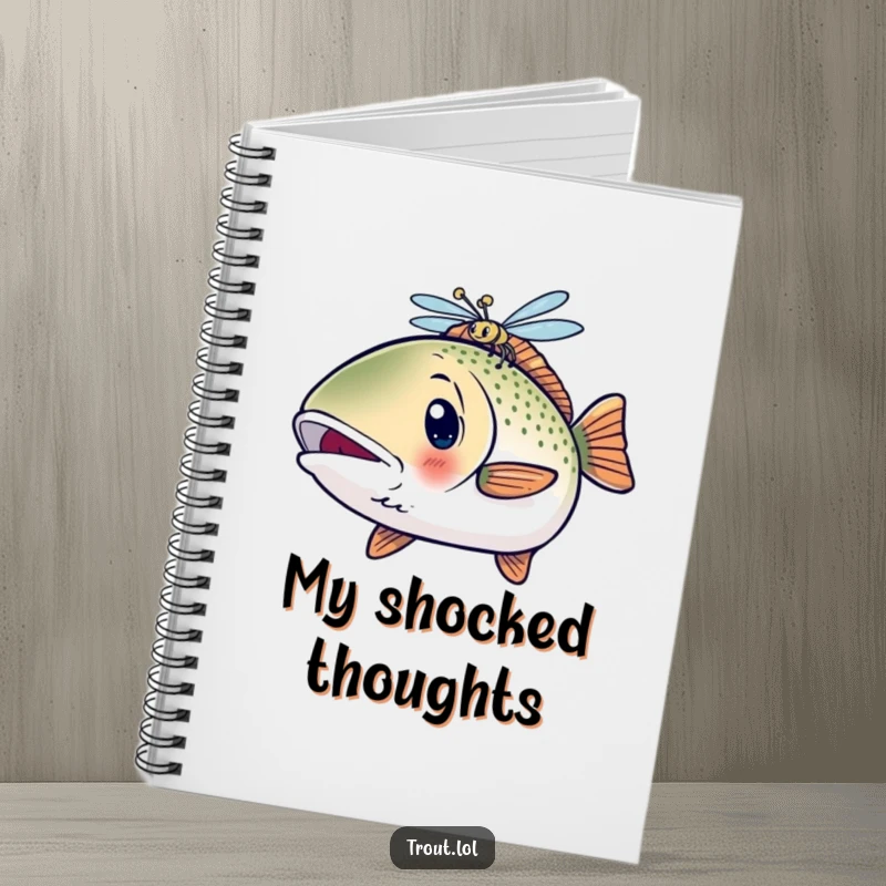 Funny Surprised Kawaii Trout Notebook featuring a shocked fish looking at a dragonfly, for humorous note-taking.