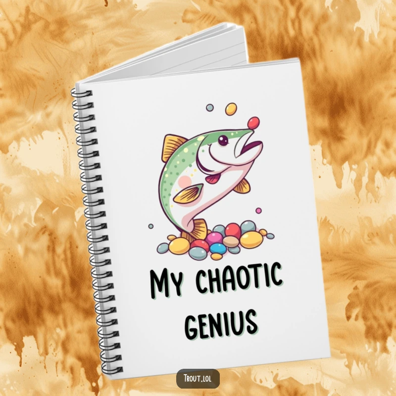 Funny notebook cover with a trout juggling colorful pebbles using its fins, inspiring creativity and humorous multi-tasking.