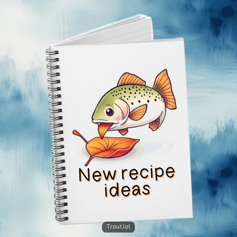 Funny trout leaf notebook with an enthusiastic trout nibbling on a colorful drifting leaf, ideal for journaling.
