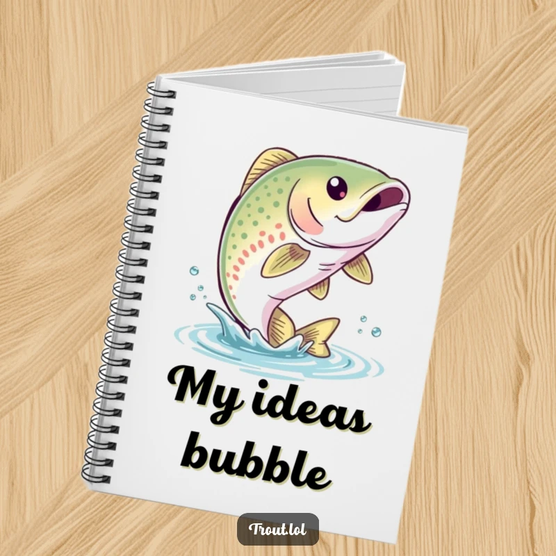 Funny Trout Leap Notebook featuring a cute trout with a bubbly smile leaping out of the water, perfect for jotting down fishing notes and ideas.