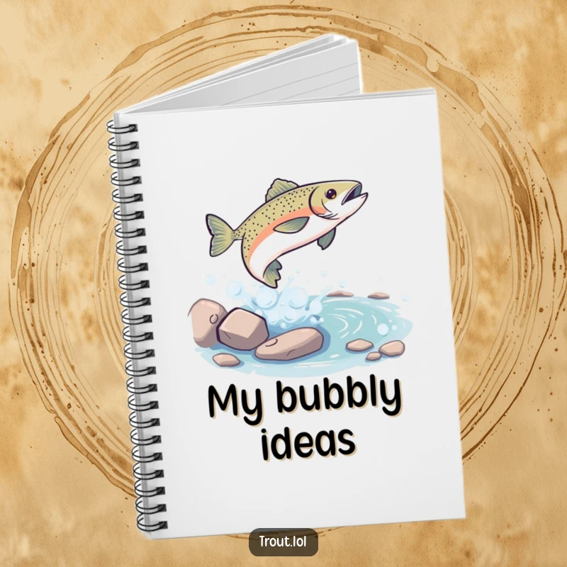 Funny Notebook: Decorated with a playful trout leaping from a bubbly stream, ideal for journaling with humorous outdoor spirit, a perfect funny gift.