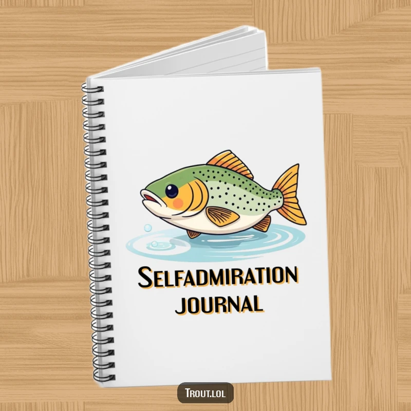 Funny notebook with a trout playfully chasing its reflection, designed for jotting down notes with humorous aquatic flair.