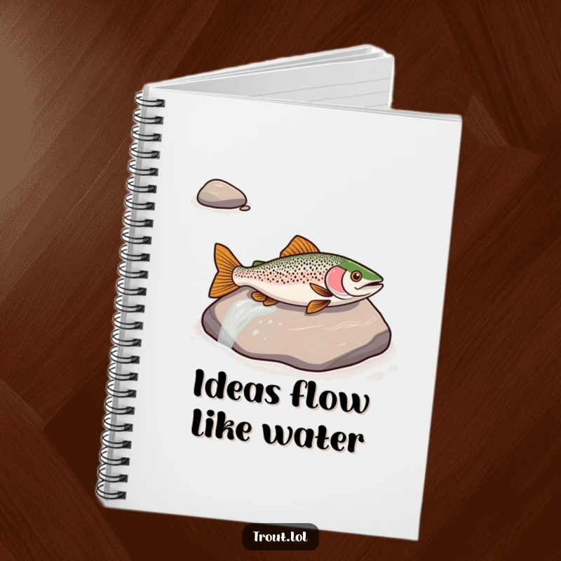 Funny notebook cover featuring a trout sliding down a river rock, perfect for capturing playful thoughts and ideas.