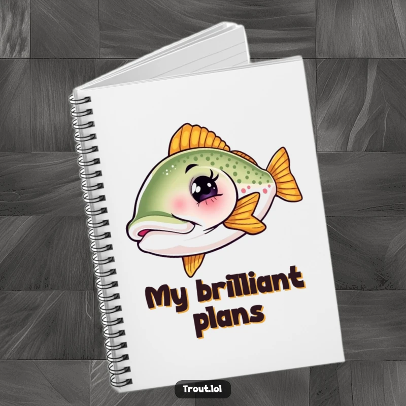 Funny notebook with a winking trout cover, designed for capturing thoughts, notes, and creative ideas with a touch of aquatic humor.