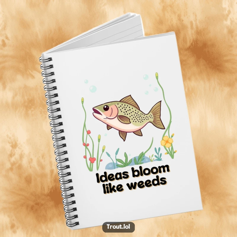 Funny notebook cover featuring a trout dancing through underwater plants, perfect for capturing playful thoughts and ideas.